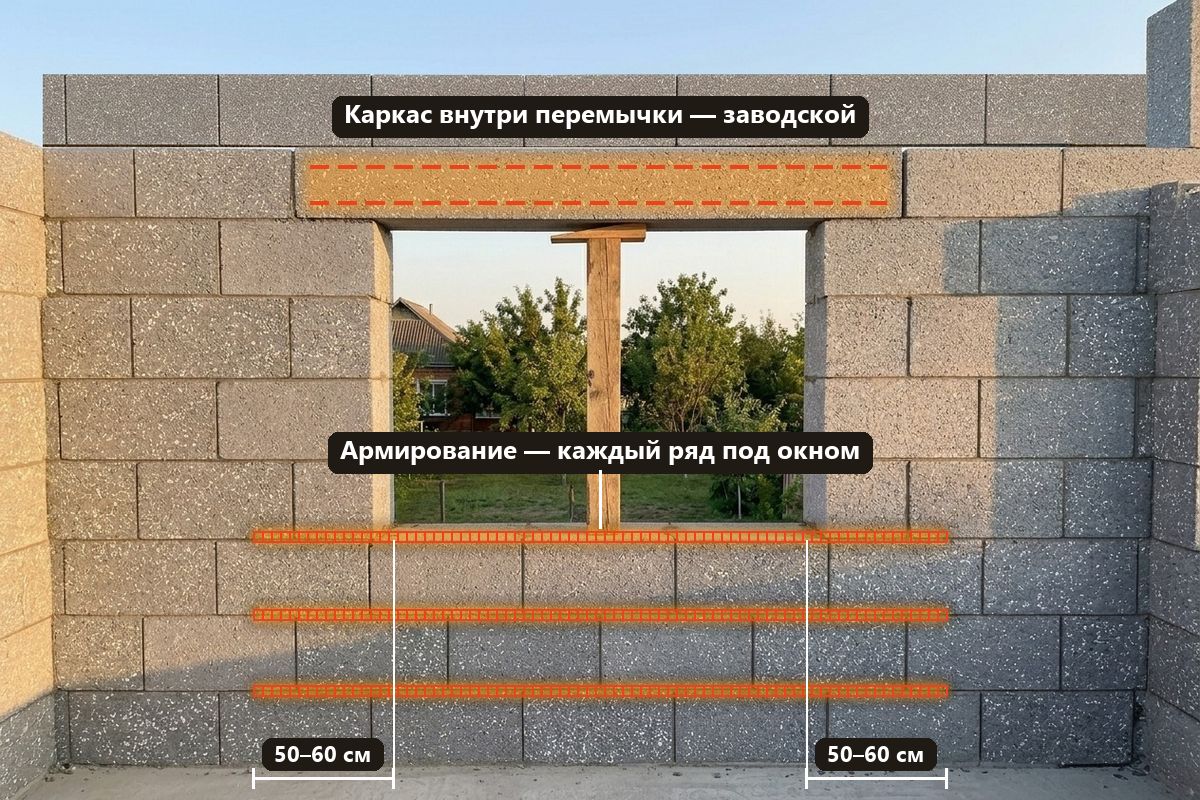 Готовая стена с проёмом: подсвечена кладочная сетка в каждом ряду под окном с заходом 50–60 см за края проёма и каркас внутри перемычки