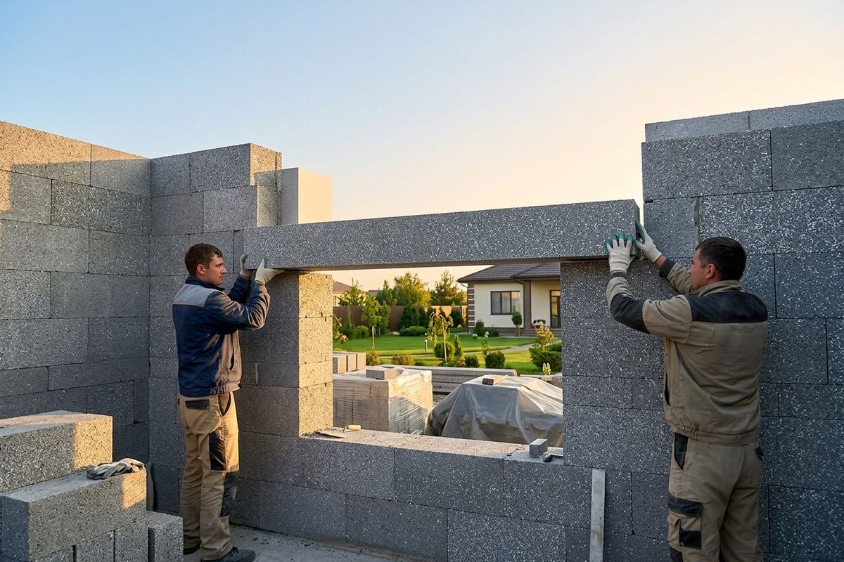 Установка полистиролбетонных перемычек: подъём и укладка перемычки вдвоём
